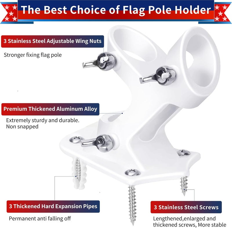HPGOED Flag Pole Holder, Outside House Flag Pole Bracket, Heavy Duty Metal Flag Mount, Aluminum Alloy Mounting Brackets, Outdoor Flag Holder- Strong Rust Free, Dual Position 1 inch White - Image 2
